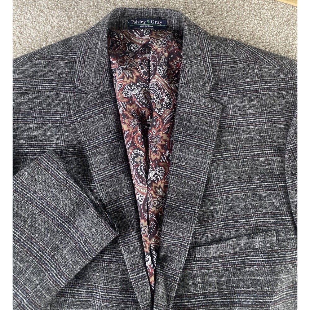 Paisley & Gray Slim Fit Rayon Stretch Gray Plaid Blazer Men 42R Preppy Old Money